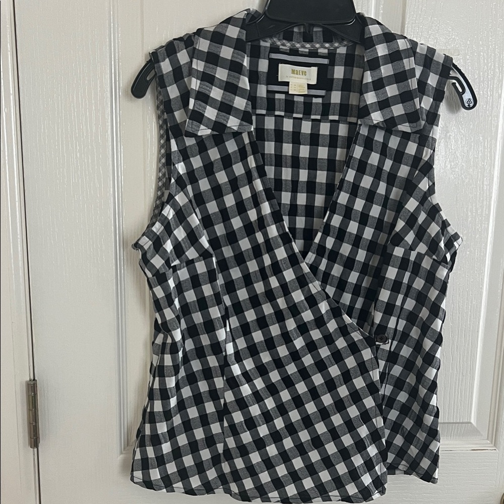 Anthropologie Maeve Black & White Gingham Sleeveless Collared Wrap-Style Blouse